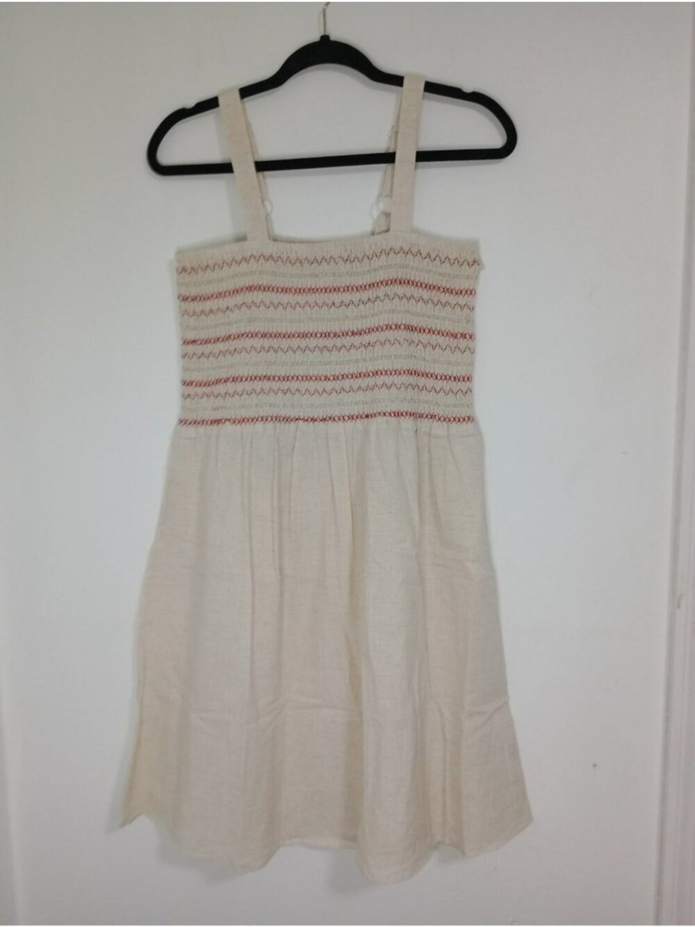 Magic Womens Sundress Size M Linen Cotton Smocked Adjustable Straps Beige Red